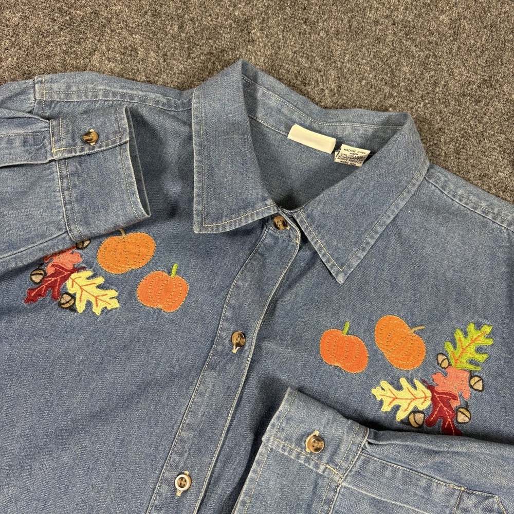 Vintage 90's Embroidered Fall Themed Leaves Pumpkins Long Sleeve Denim Shirt 24W